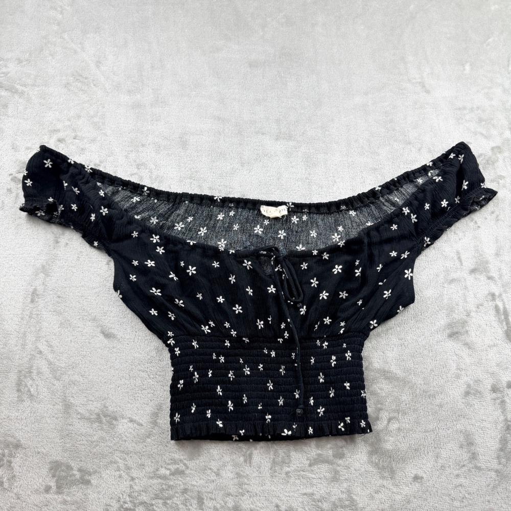 LA Hearts Black Floral Women's Small‎ Smocked Off The Shoulder Crop Top